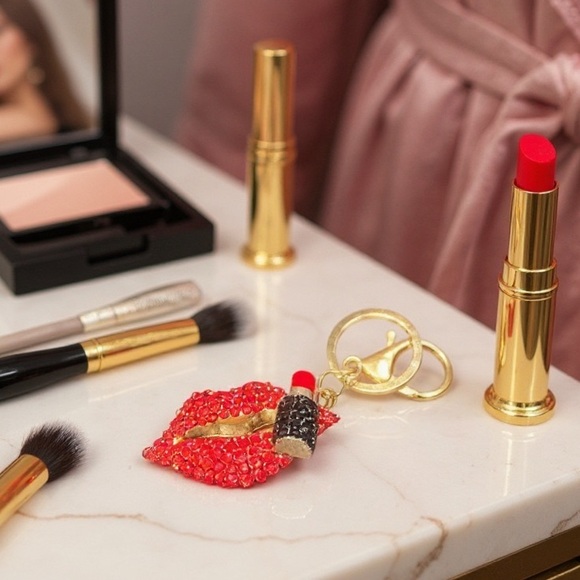 Red Crystal Lip Bag Charm Keychain with Gold Accents - Picture 10 of 16